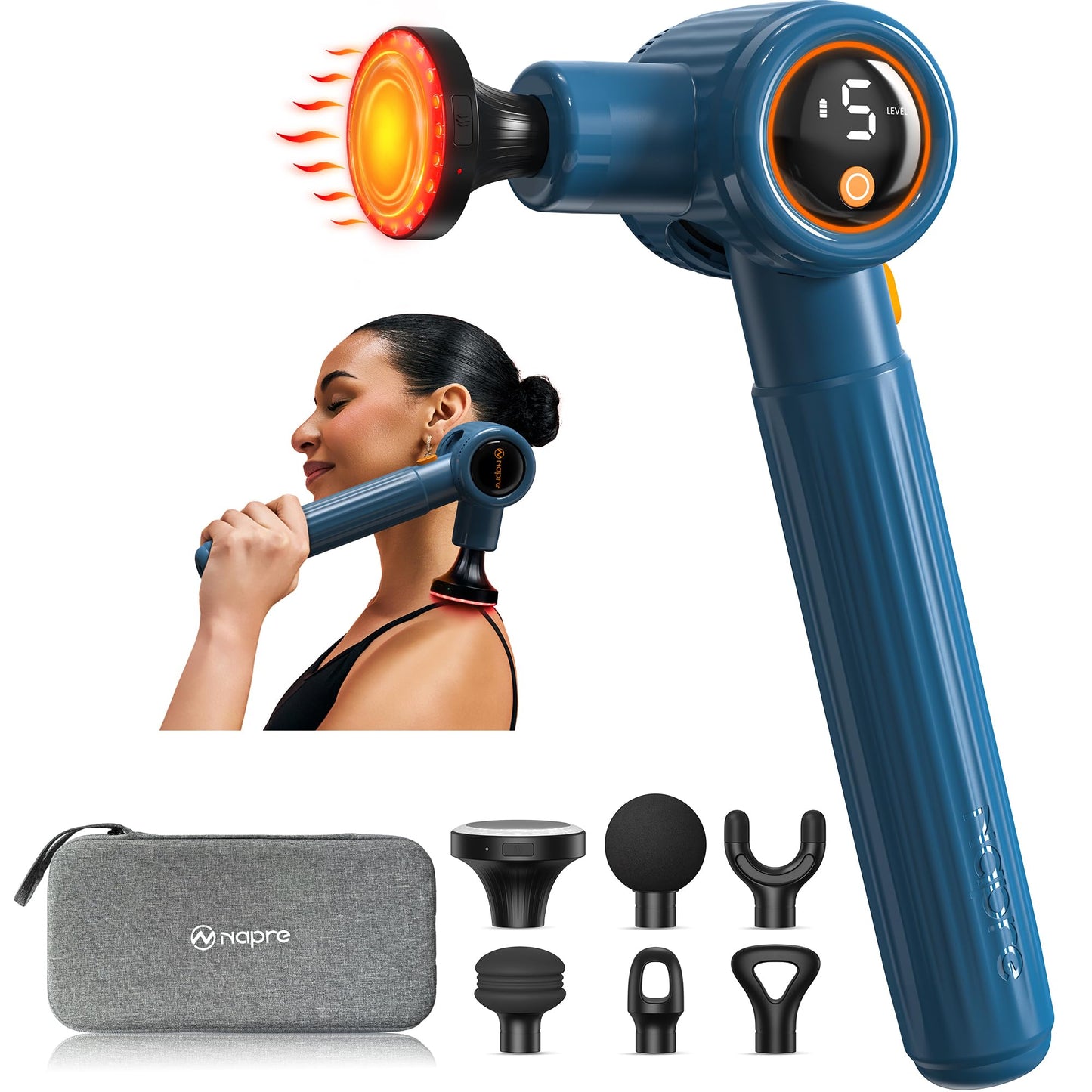 NAPRE Massage Gun with Heat,Massage Gun Deep Tissue with Extension Handle & 3 Adjustable Angles,Handheld Percussion Back Massager for Muscle/Neck/Body Pain Relief with Portable Case,Blue
