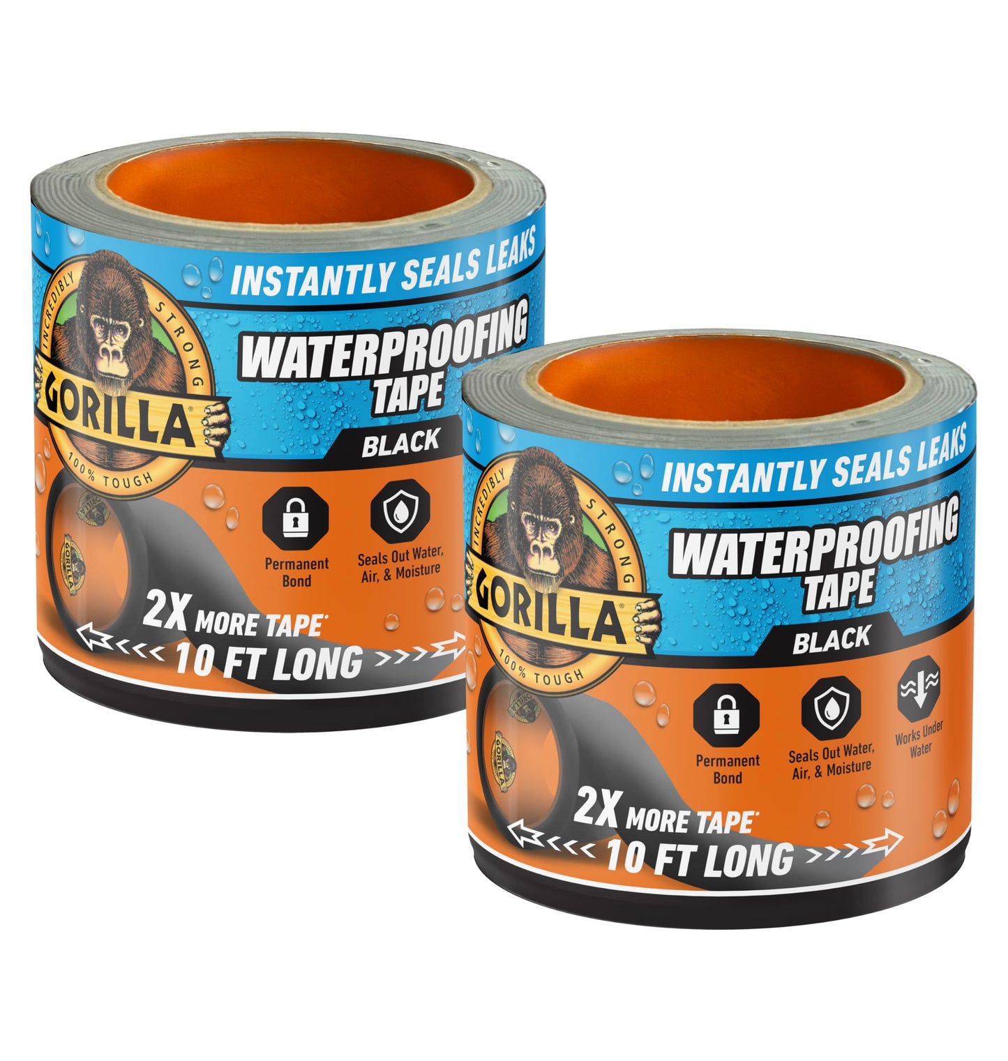 Gorilla Waterproof Patch & Seal Tape, Black Tape, 4" x 10' (Pack of 2) - Permanent Weather Resistant Seal for Leaks and Repairs