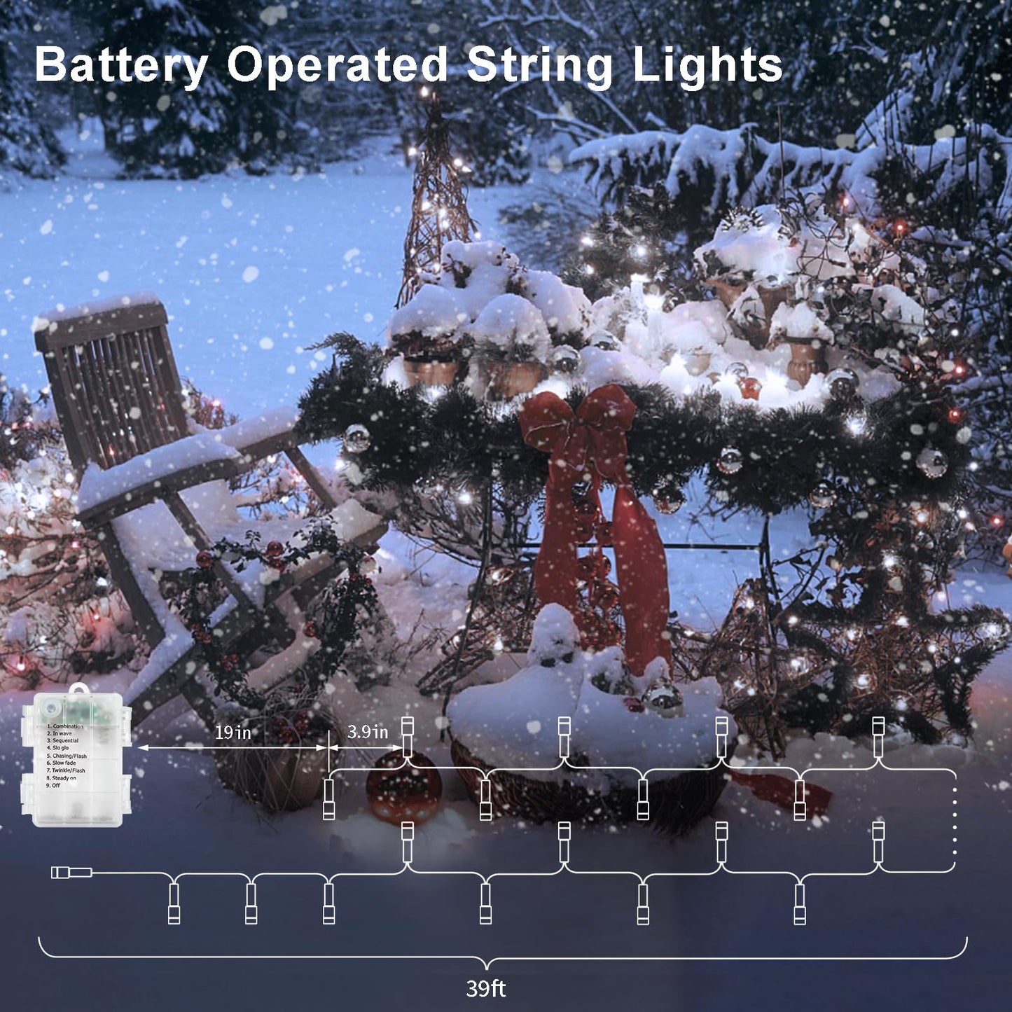 Echosari Outdoor Led Fairy String Lights, 100 Battery Operated Lights, Remote Dimmable, Timer, 8 Modes, Cool White, 1 Pack