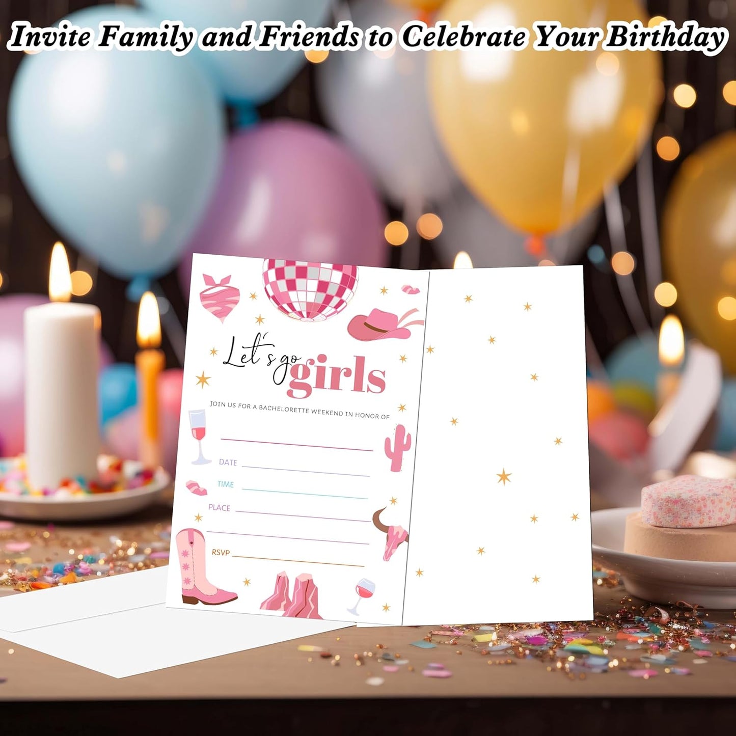 Cowgirl Birthday Invitations, 20 Invitation Cards with Envelopes, Pink Disco Invites for Party Decorations Favor Supplies - A11