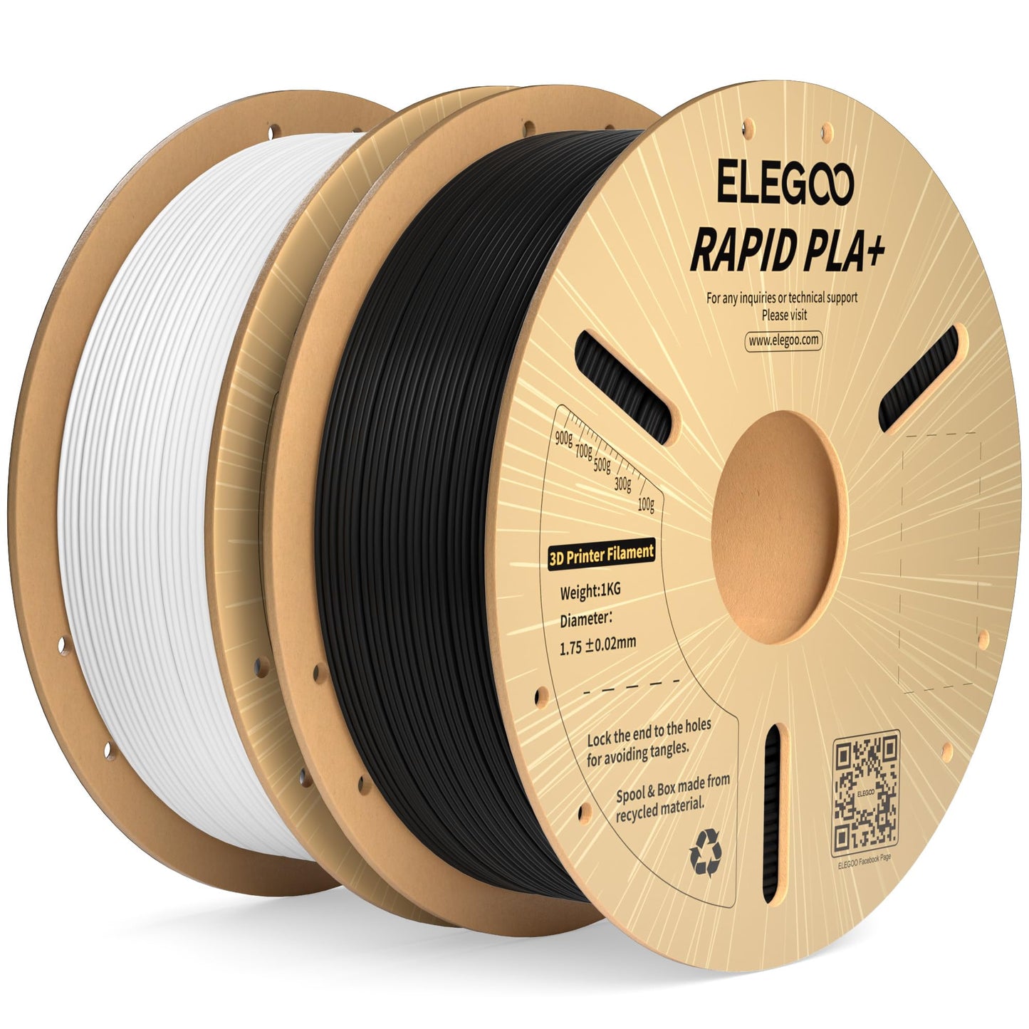 ELEGOO Rapid PLA Plus Filament 1.75mm Black & White 2KG, PLA+ 3D Printer Filament for 600 mm/s High Speed Printing, Dimensional