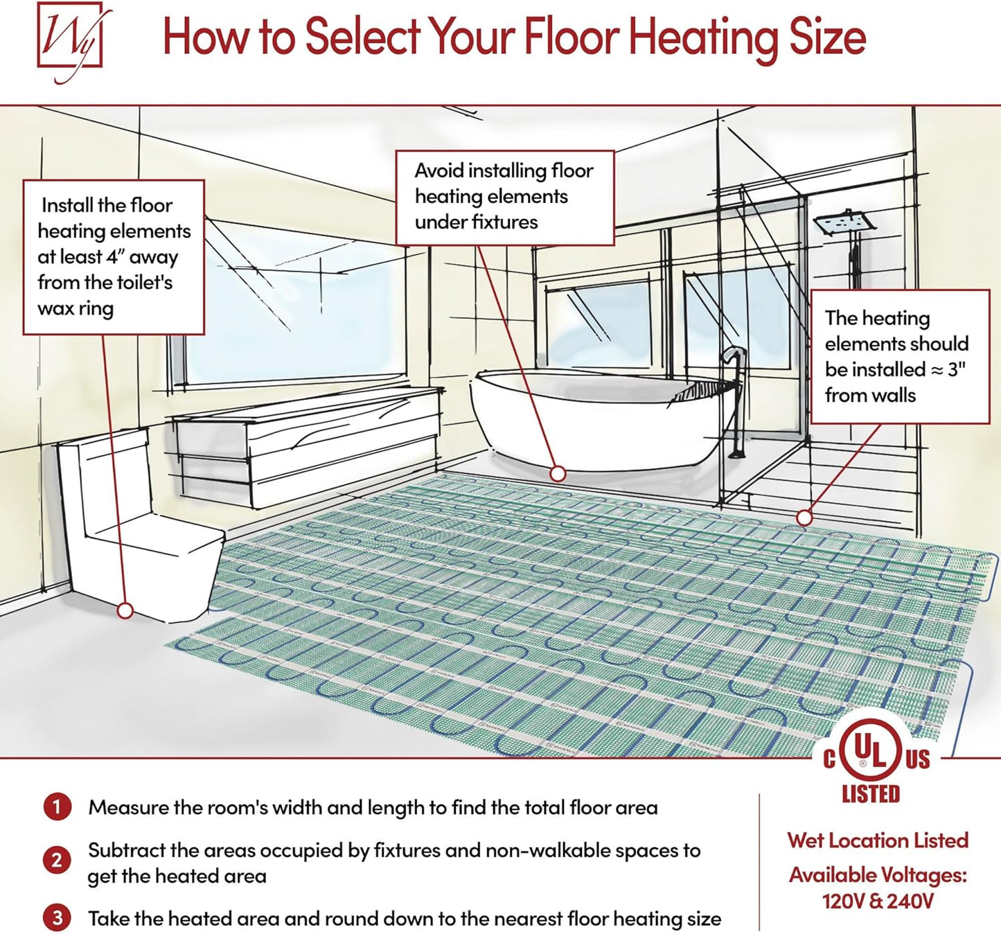 144 Sqft Heated Floor Mat Kit with Radiant Floor Heating System Thermostat UTN5, Two Sensors, Tester, 240V Electric Radiant Floor Heating Mat installs under Bathroom Tile, Vinyl - WarmlyYours TempZone