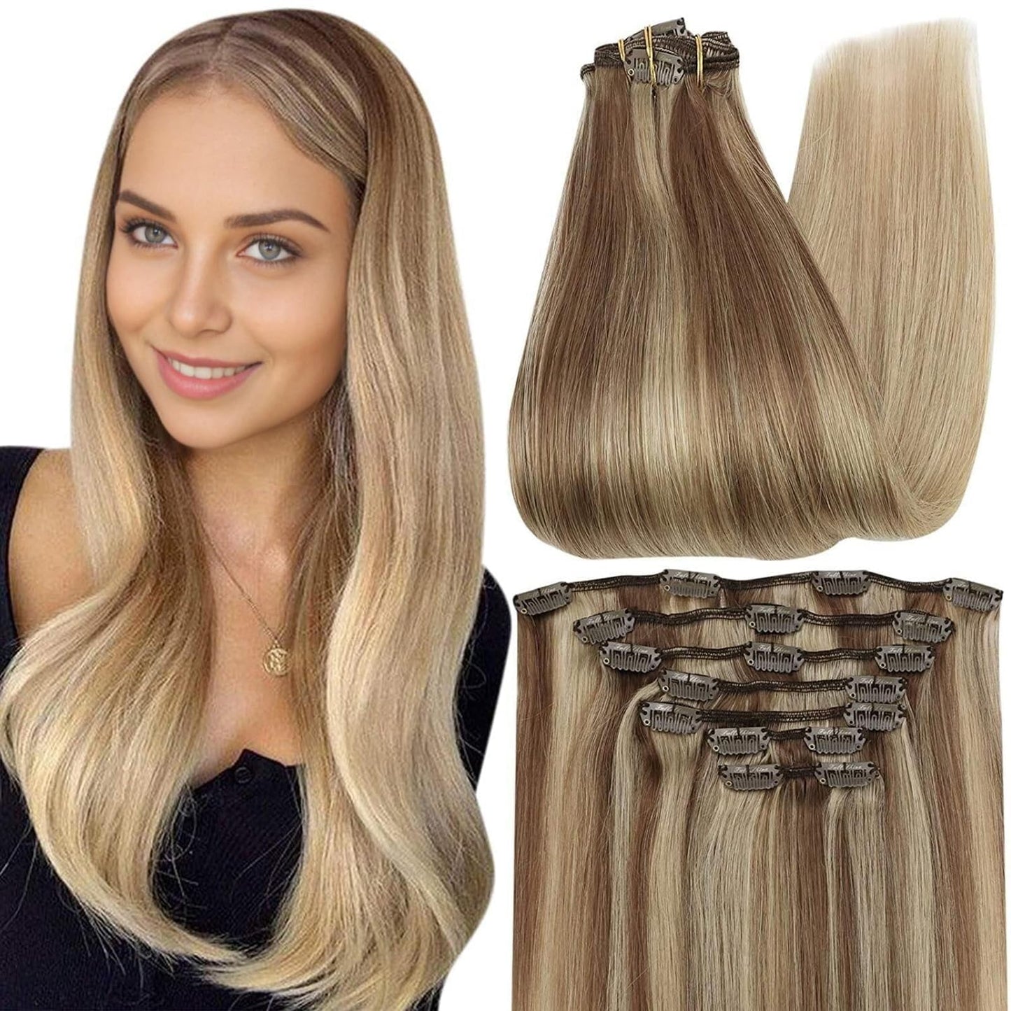 Full Shine Balayage Clip in Hair Extensions Real Human Hair 22 Inch Blonde Human Hair Extensions Clip ins Golden Brown to Golden