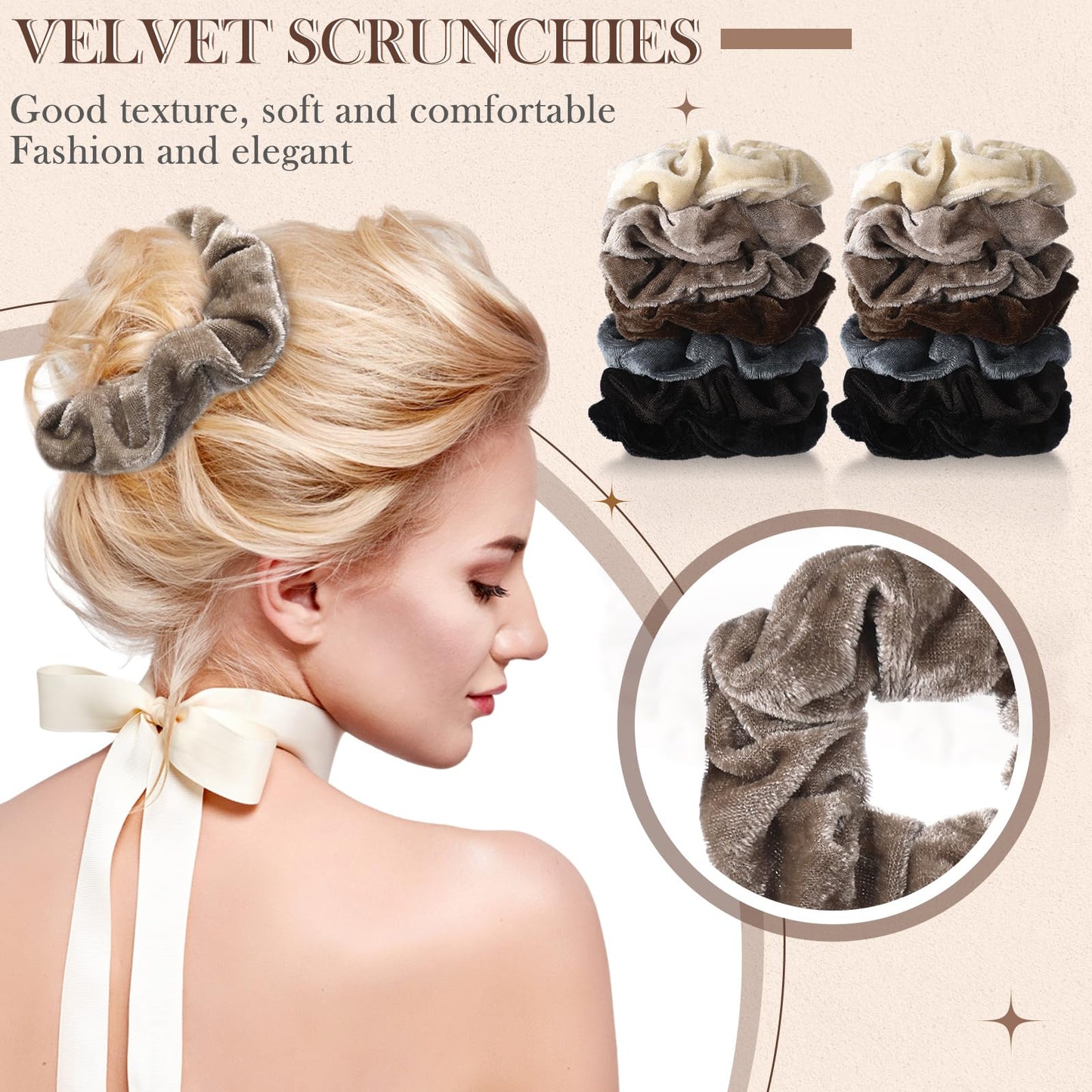 Bememo 28 Pieces Velvet Scrunchies - Soft Elastic Hair Ties, Scrunchy Bobbles, Ponytail Holders & Party Favors in Neutral Colors