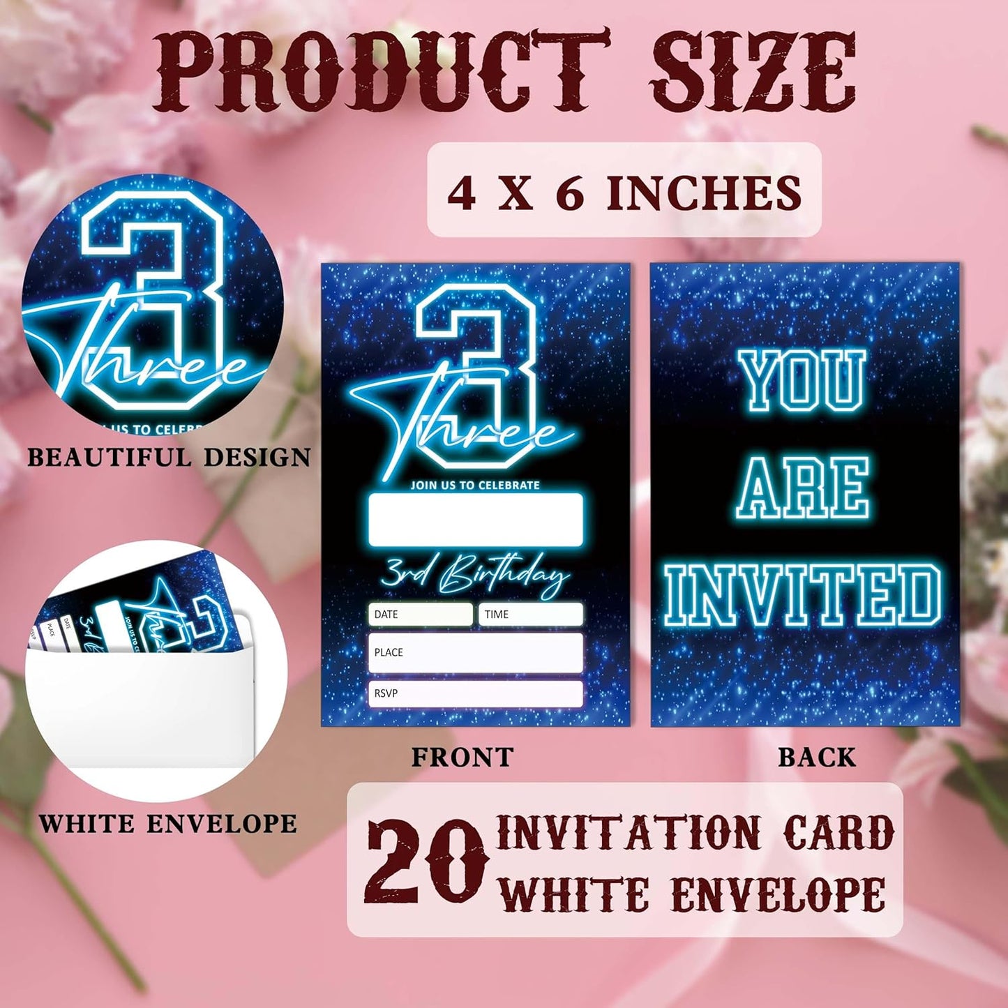 SIXEIGHT Blue 3rd Birthday Invitations for Boys, Neon Glow Party Invitations for Girls Kids, 20 Pack Double Sided Invite Cards with Envelopes, 3rd Glow Neon Birthday Party Decorations, 4x6 Inch-C03