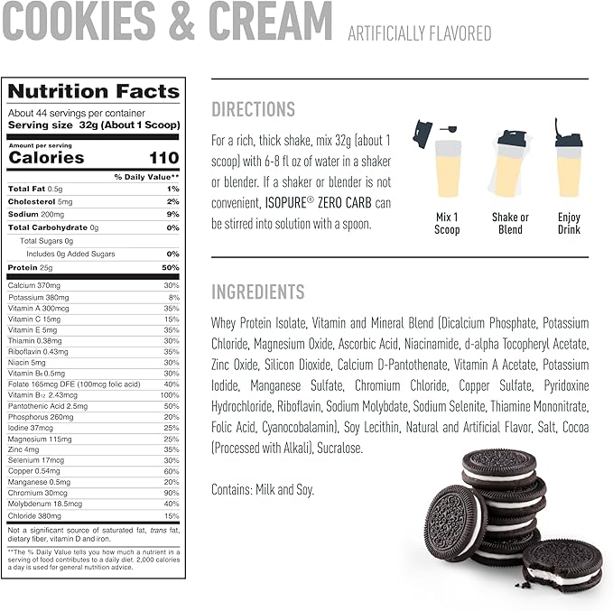 Isopure Zero Carb 100% Pure Whey Isolate Protein Powder, Lactose Free, Gluten Free, With Vitamins, Cookies & Cream, 25g Protein Per Serving, 3 Lbs, 44 Servings (Packaging May Vary)