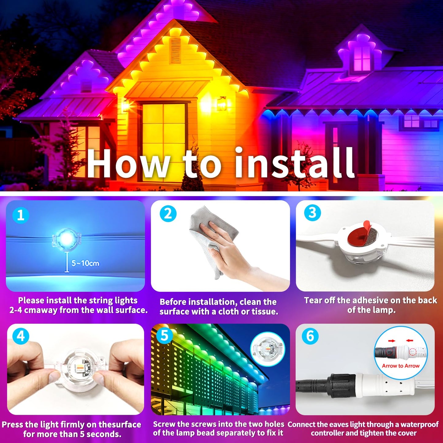 Yocrostar 400Ft Permanent Outdoor Lights Rgb Eaves Lights Diy Scene Modes Ip67 Waterproof Outside Under Eave Lighting Smart Christmas Light For Outdoor Decor Garden Decor House Party(Two 200Ft Rolls)