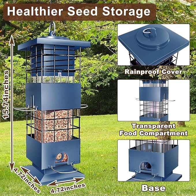 Bird Feeder 3LBS Metal Anti-Squirrel Wild Birdseed Feeder for Finch Cardinal Blue Jay Outdoors Hanging (Blue)