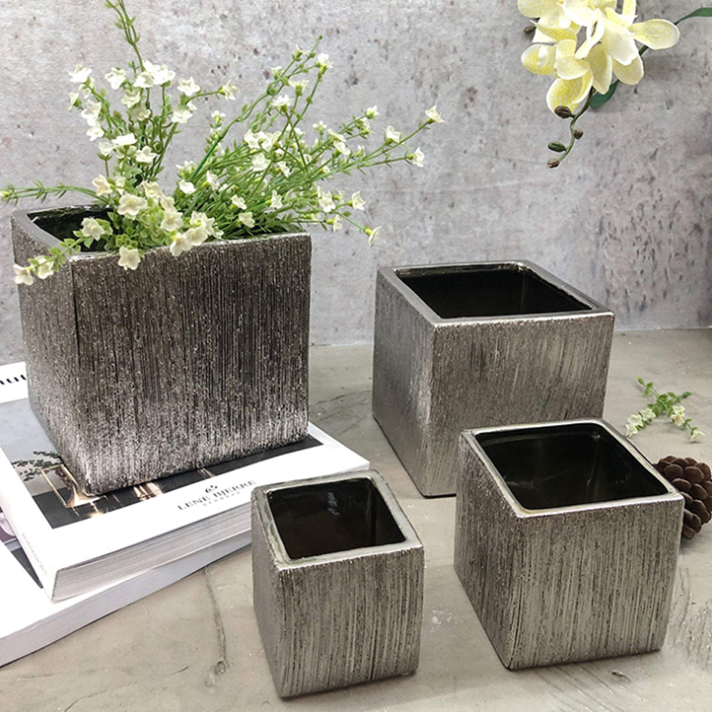 WGV Ceramic Cube Vase Width 3" Height 3" (Fits 2.5" Pot) Elegant Modern Small Square Floral Planter Terrarium Container Table Dresser for Event Accent Home Office Decor Silver Textured 1 Piece