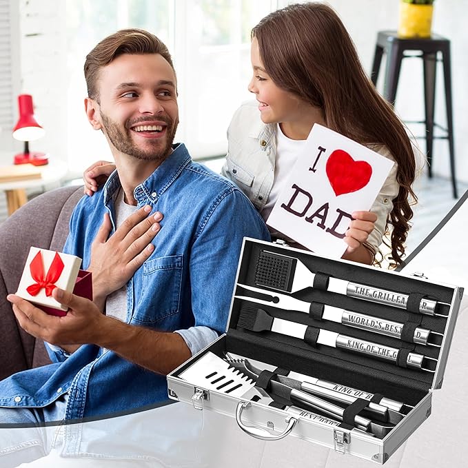 Dad Gifts, Dad Birthday Gifts from Daughter Son Heavy Duty Grilling Accessories Kit for Backyard BBQ, Thick Stainless Steel Grill Utensils with Non-Slip Handle Tool for Man on Christmas