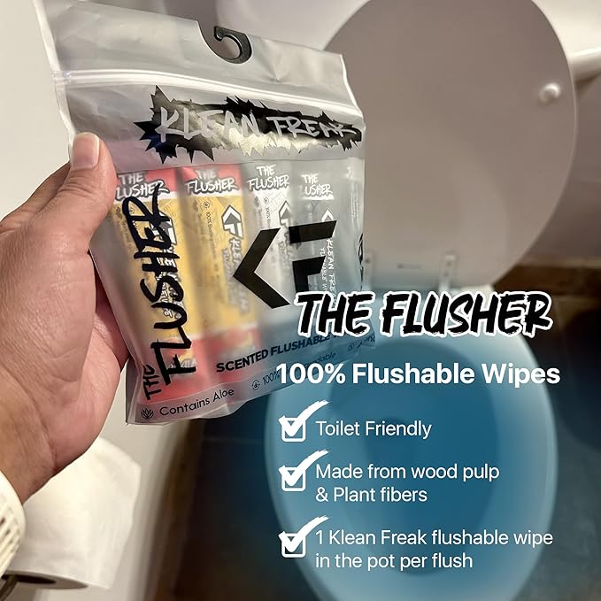 THE KLEAN FREAK FLUSHER - 100 Pack FLUSHABLE WIPES Flushable Wipes For Adults & Kids Unscented/Scented - 100% BIODEGRADABLE Individual Wrapped Travel WET Wipe for Toilet - Scent Free
