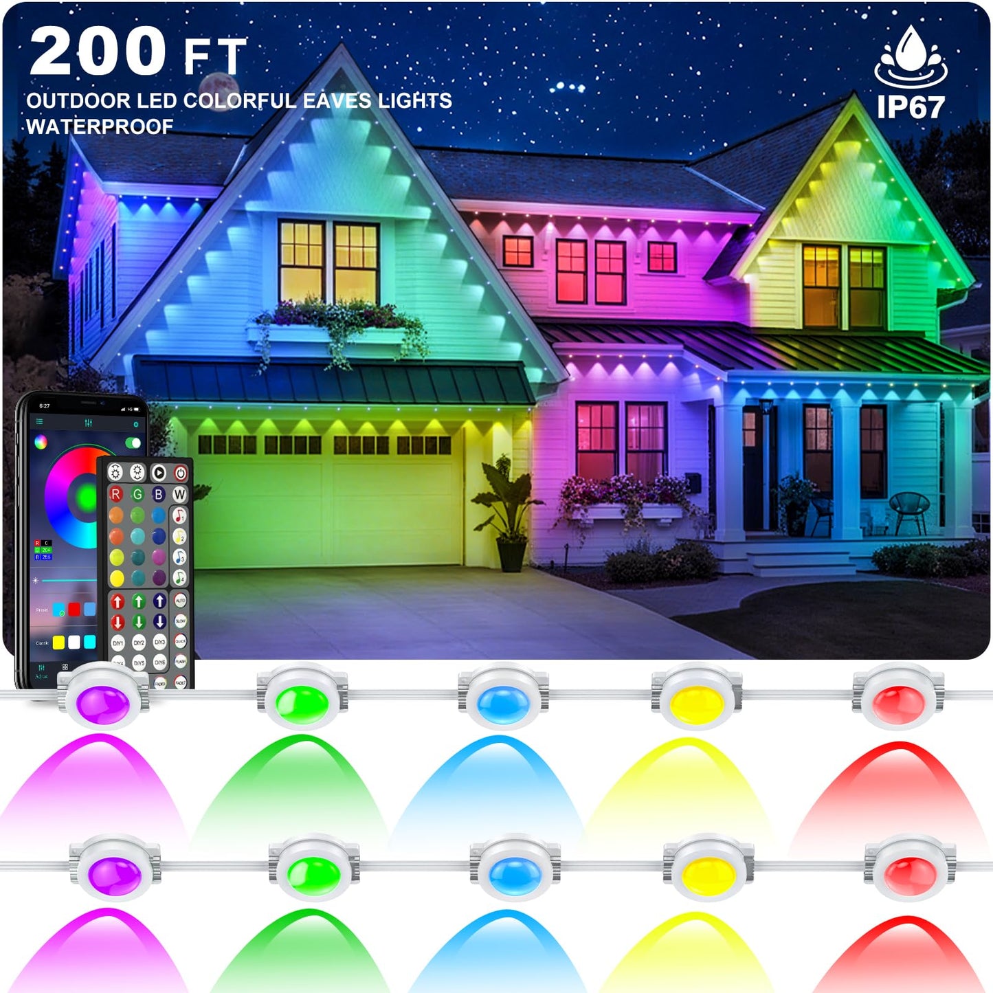 INZIDOL 200FT RGB Eave Lights, IP67 Waterproof Smart LED with App/Remote Control for Outdoor Decor