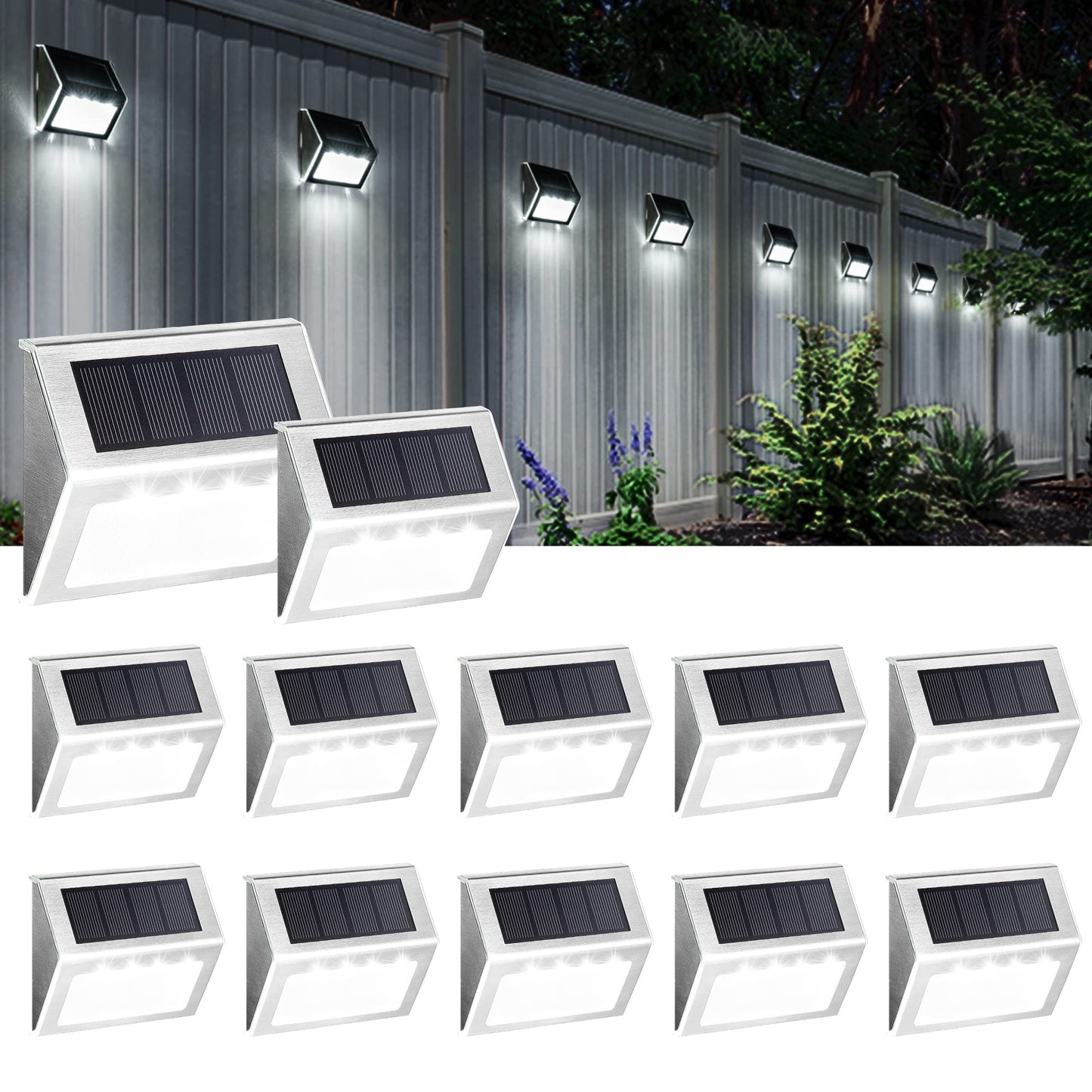 SOLPEX Solar Fence Lights, 12 Pack, Waterproof Stainless Steel, 4 LEDs, Cold White, Model 8365