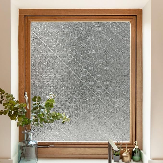 Stained Glass Window Privacy Film, 3D Static Cling Removable Window Clings, Heat Control Sun Blocking Window Film for Bathroom,Front Door,Home,Begonia,17.3" x 78.7"