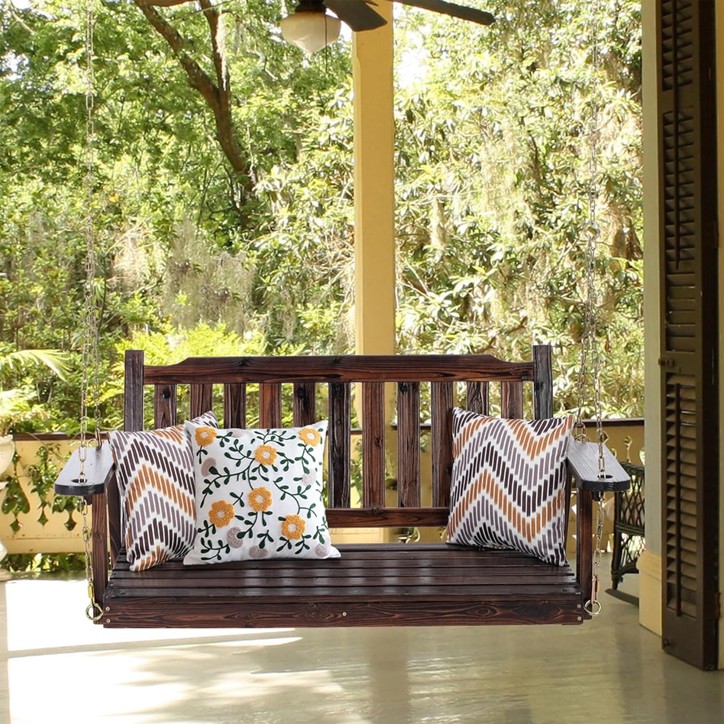 Anraja Wooden Porch Swing 2-Seater, Bench Swing with Hanging Chains, Heavy Duty 800 LBS, for Outdoor Patio Garden Yard, 4 Ft, Brown