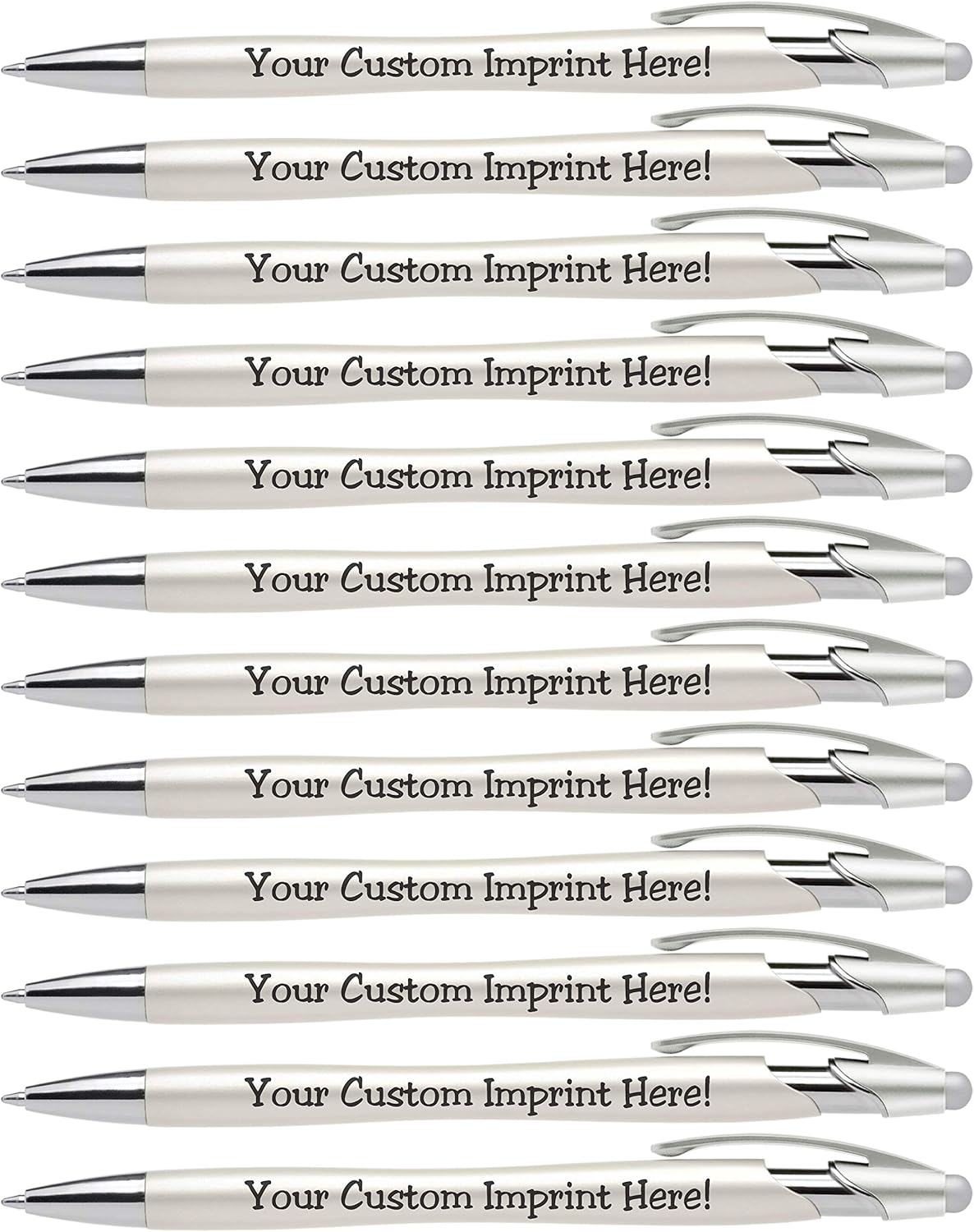 ExpressDesigns™ - Custom Pens with Stylus - The Pearl - Personalized Metallic Printed Name Pens with Black Ink - Imprinted with Logo or Message - Great Gift Ideas - 12 pack (Silver)