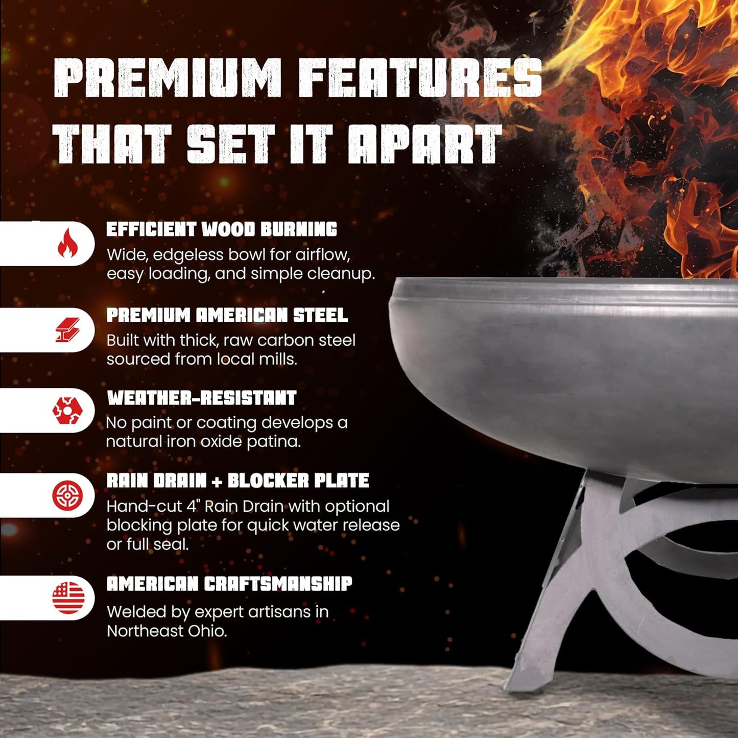 Liberty Fire Pit – Ohio Flame Wood Burning Outdoor Fire Pit - 24" Diameter with Curved Base (Made in USA)