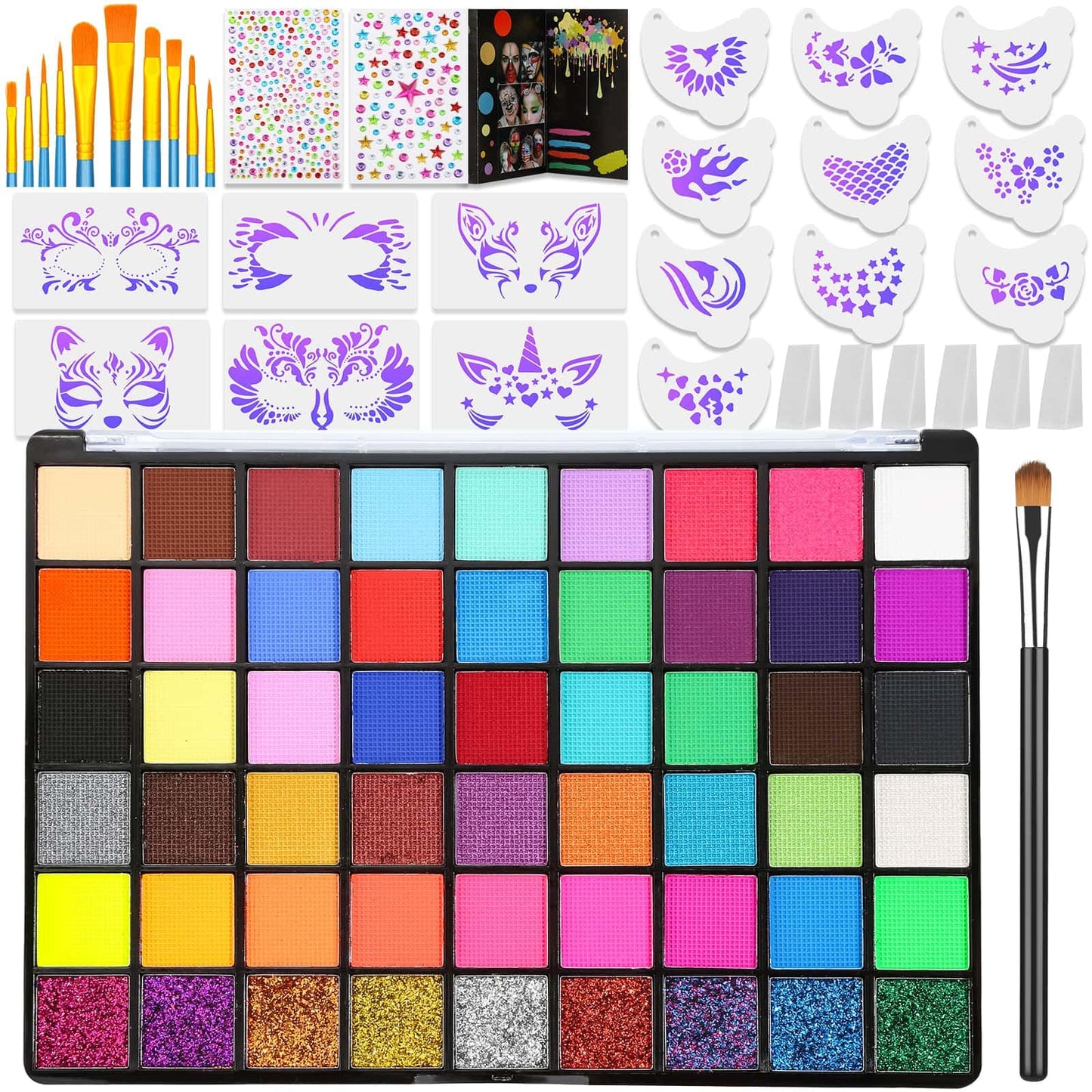 Professional Face Painting Kit for Kids and Adults - 54 Color Water Activated Cosplay Makeup Kit, Non-Toxic Body Paint with Sten