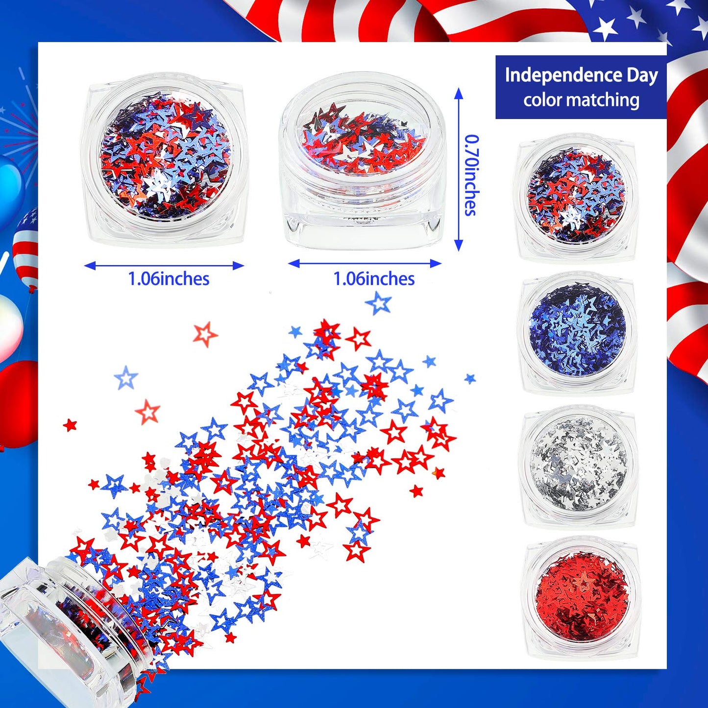 12 Boxes Independence Day Star Glitters Holographic Nail Art Decals Red Blue Silver Mixed Star and Hollow Star Shaped Nail Sequi