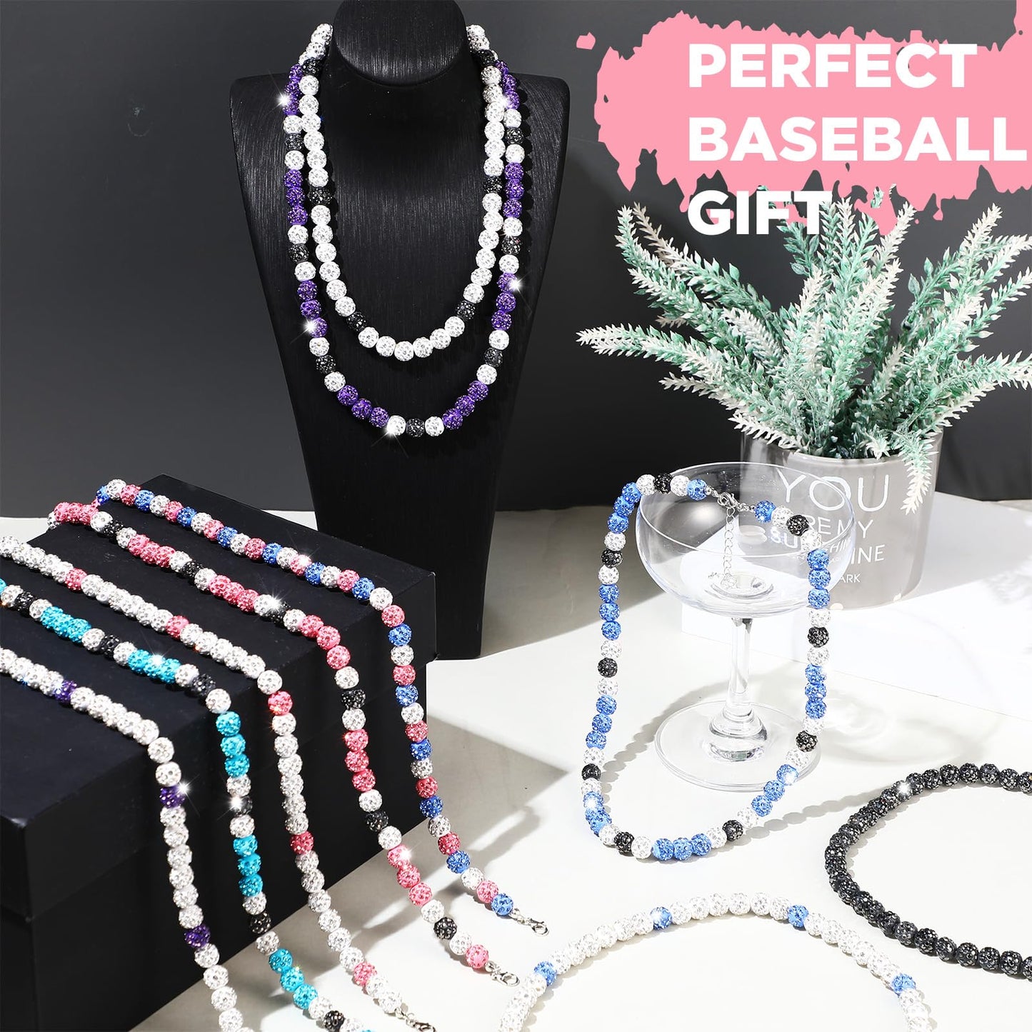Landical 12 Pcs Bling Baseball Necklace Ice Beaded Baseball Necklace Cool Gifts Bulk for Team Players Lovers Fans (Multicolor)