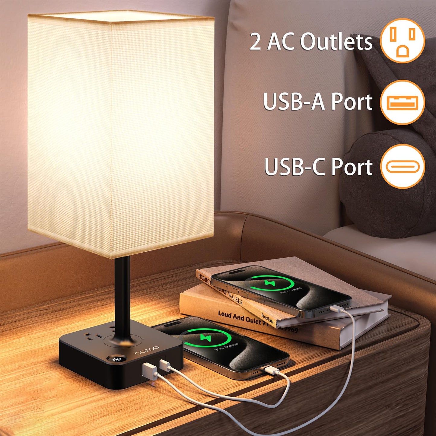 Cozoo Usb Bedside Table & Desk Lamp, 3 Usb Ports, 2 Outlets, Large White Fabric Shade, Model Mc003