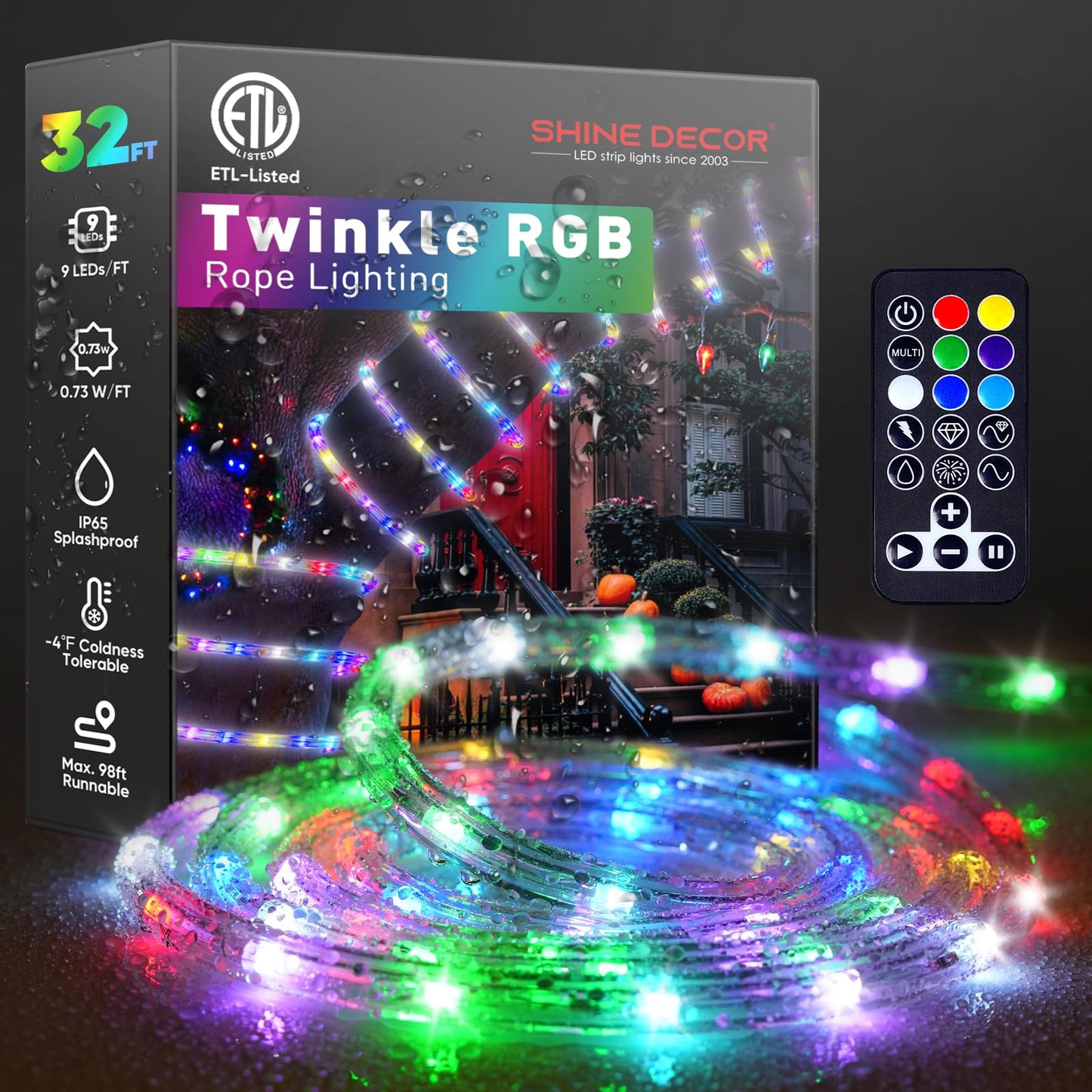 Shine Decor LED Rope Light, 32.8ft RGB Twinkle, Waterproof, Remote Control, Model MYH-Clear Rope-RGB-10M