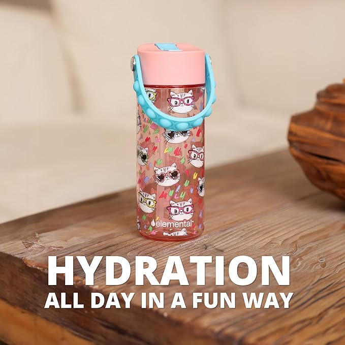 Elemental Leak Proof Water Bottles for Kids - Splash Kids Water Bottle for School with Fun Fidget Pop-it Handle - BPA Free Tritan Plastic Reusable Water Bottle with Straw - Stylish Cat - 18oz