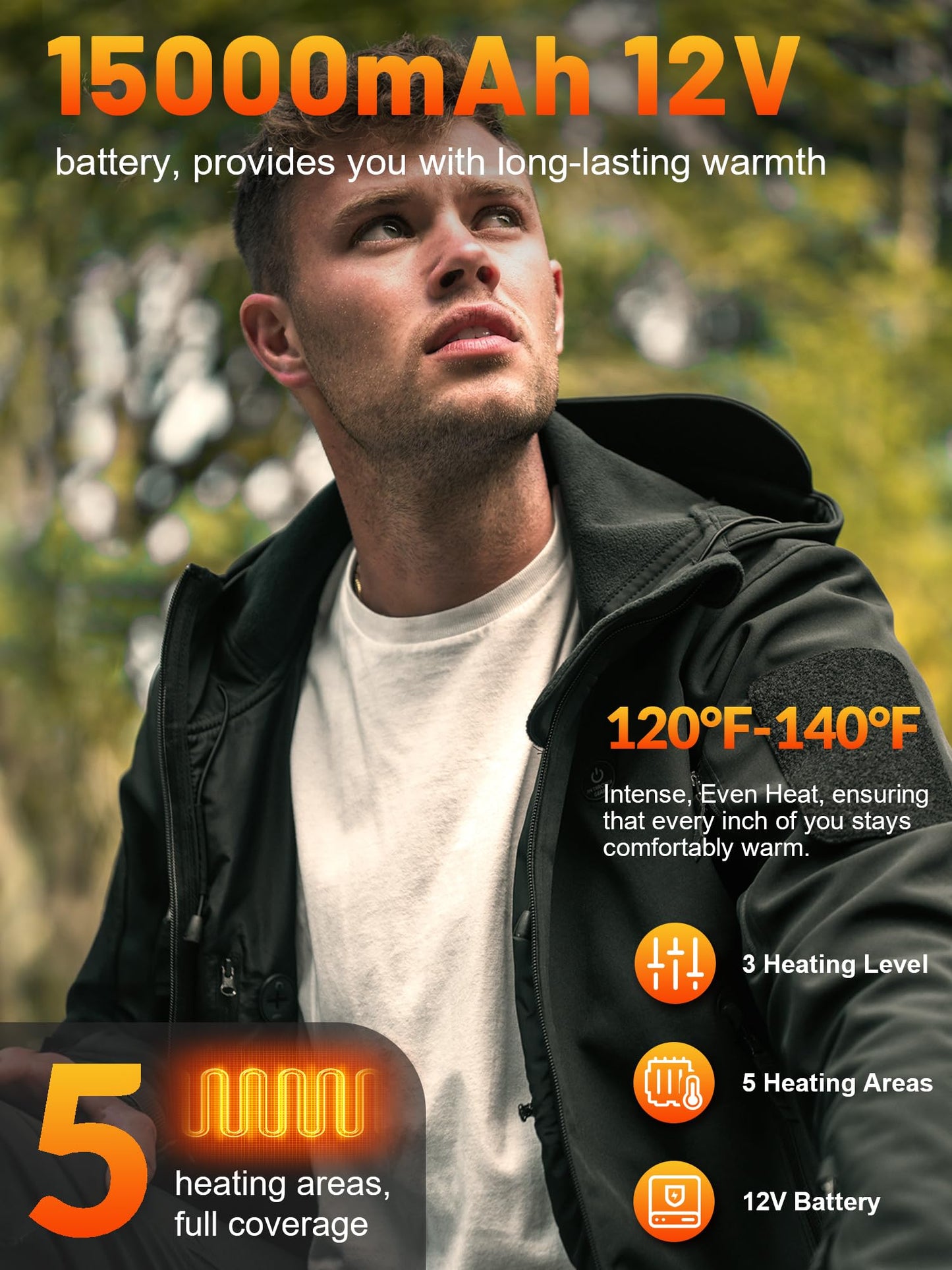 ANTARCTICA GEAR Men's Heated Jacket Winter Soft Shell Heating Hooded Coat with 12V 15000mAh Battery Pack, Water-Resistant Cold Weather Outerwear