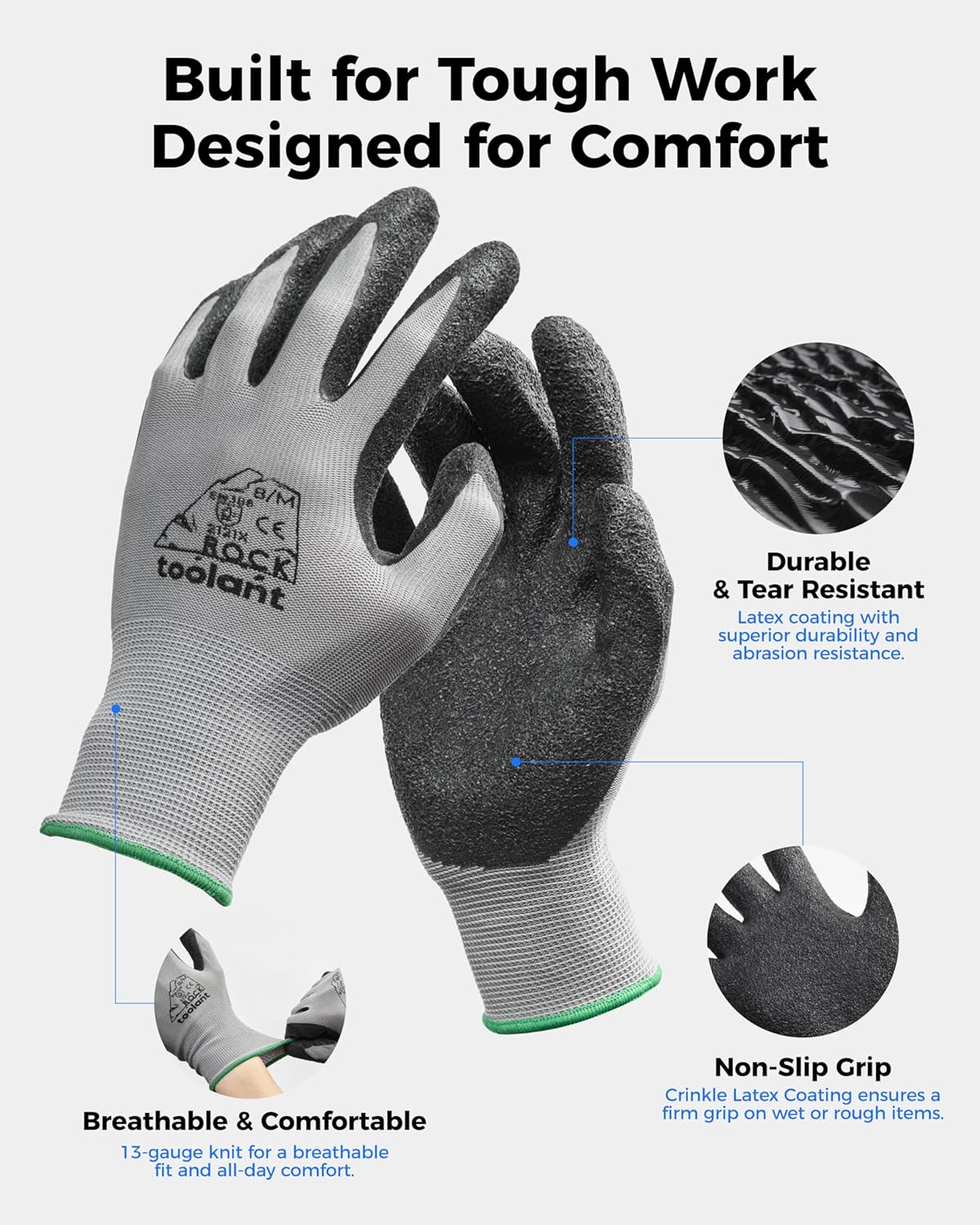 toolant Crinkle Latex Work Gloves Bulk, Rubber Coated Safety Work Gloves for Men and Women, 12 Pairs for Construction, Gardening, Warehouse (Gray, XXL)