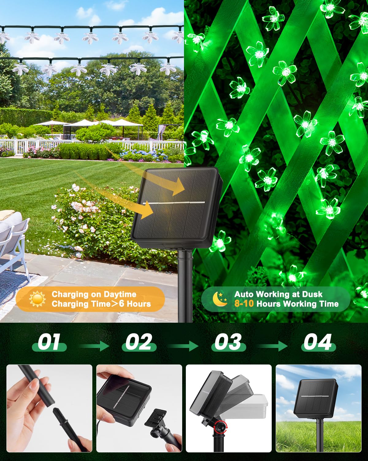 Brightown Solar Flower String Lights, 120 LED, 52FT, Waterproof, 2 Pack, Green for Garden, Yard, Patio, Wedding Decor