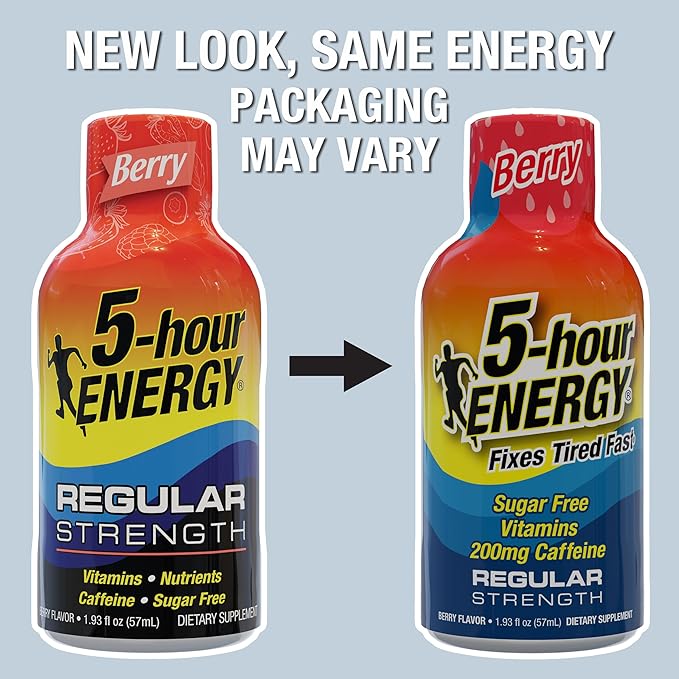 5-hour ENERGY Regular Strength Energy Shot, Berry Flavor (1.93 oz., 24 Count) Zero Calories & Sugar-Free 200 mg Caffeinated Shot, Amino Acids & B Vitamins, Dietary Supplements