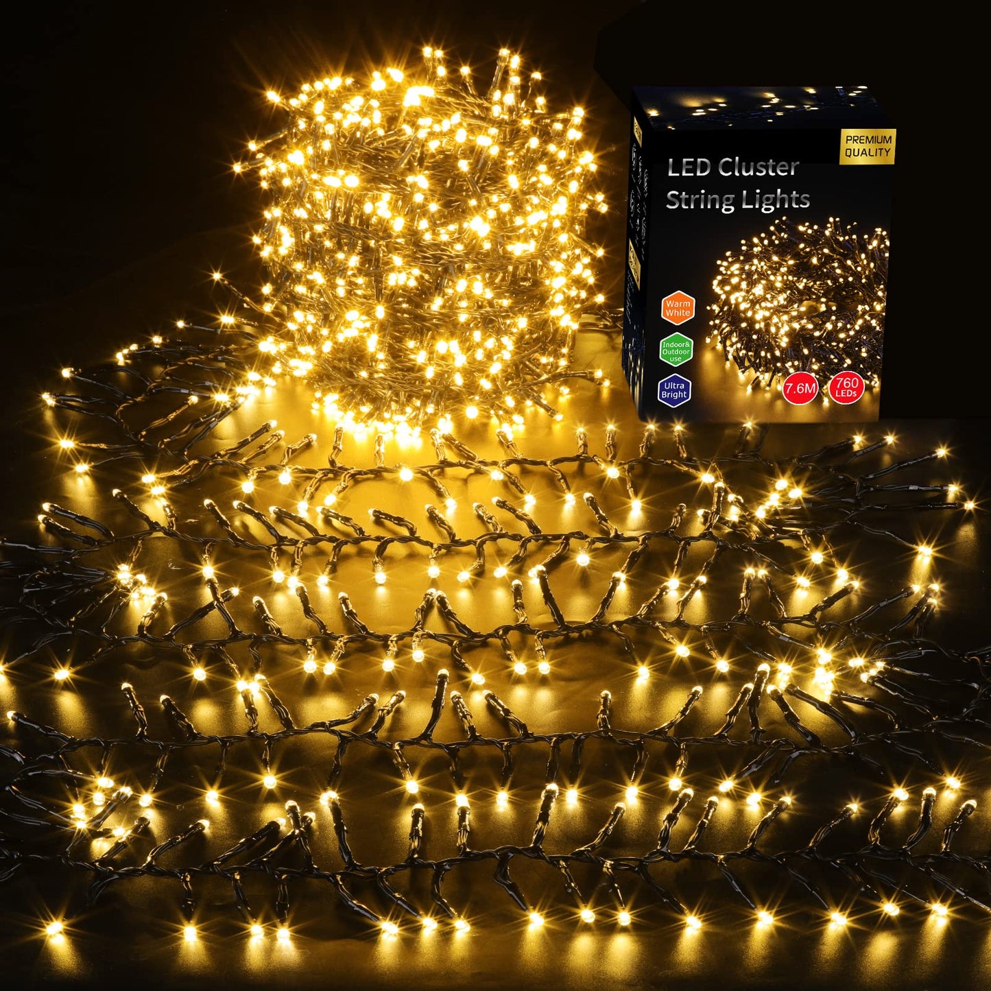 Areker Christmas Cluster Lights 760Led Warm White Christmas Tree Lights 25Ft 8 Modes&Memory Function With Dark Wire  Waterproof Christmas String Lights Outdoor Indoor Garden Wedding