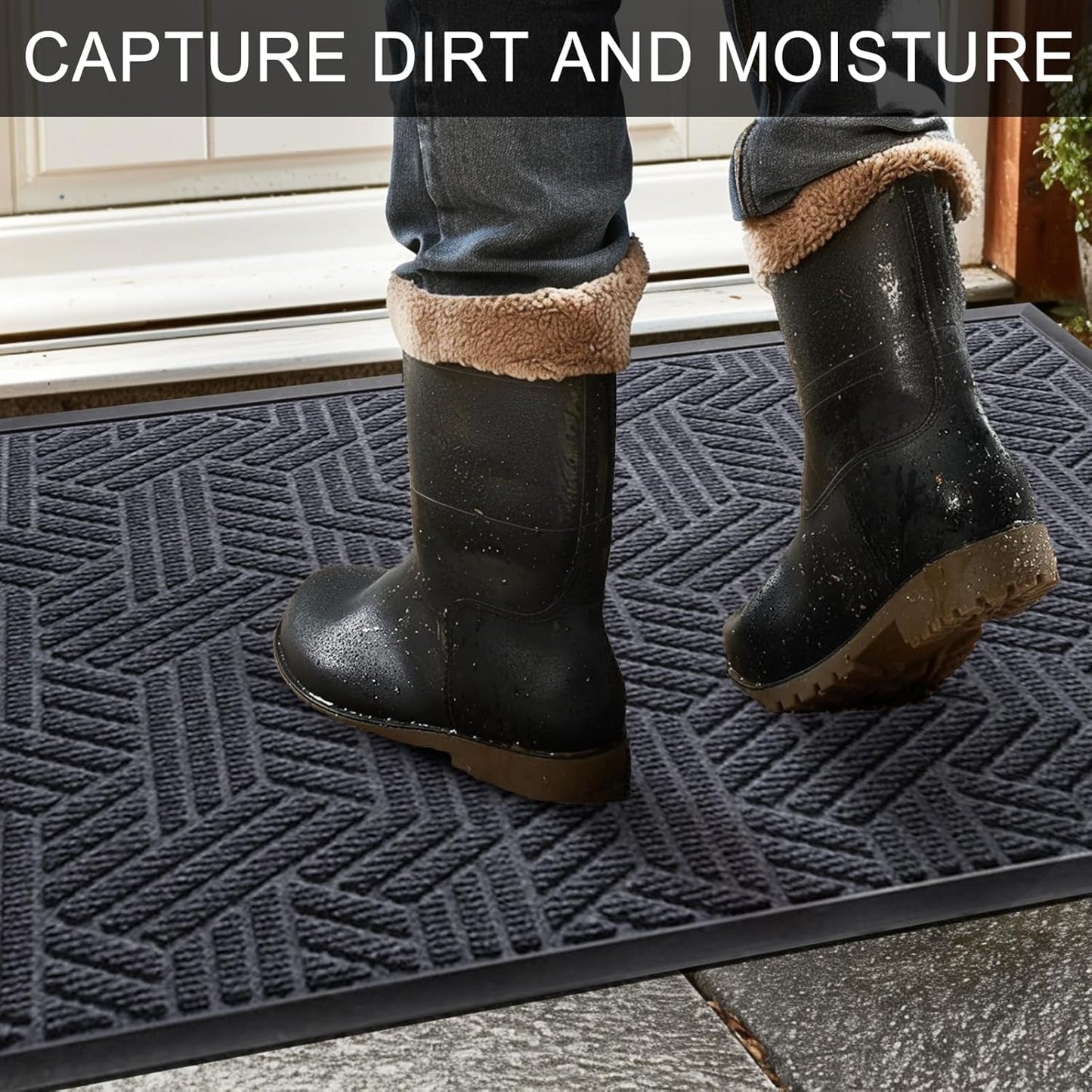 Front Door Mat 29.5"x17" Indoors Outdoors Welcome Mats, Waterproof Non-Slip Rubber Backing Heavy Duty Doormat Outside Entrance, Low Profile Entryway Rugs Floor Mat for Patio, Pattern B Grey