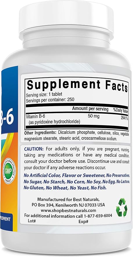Best Naturals Vitamin B6 50 mg 250 Tablets