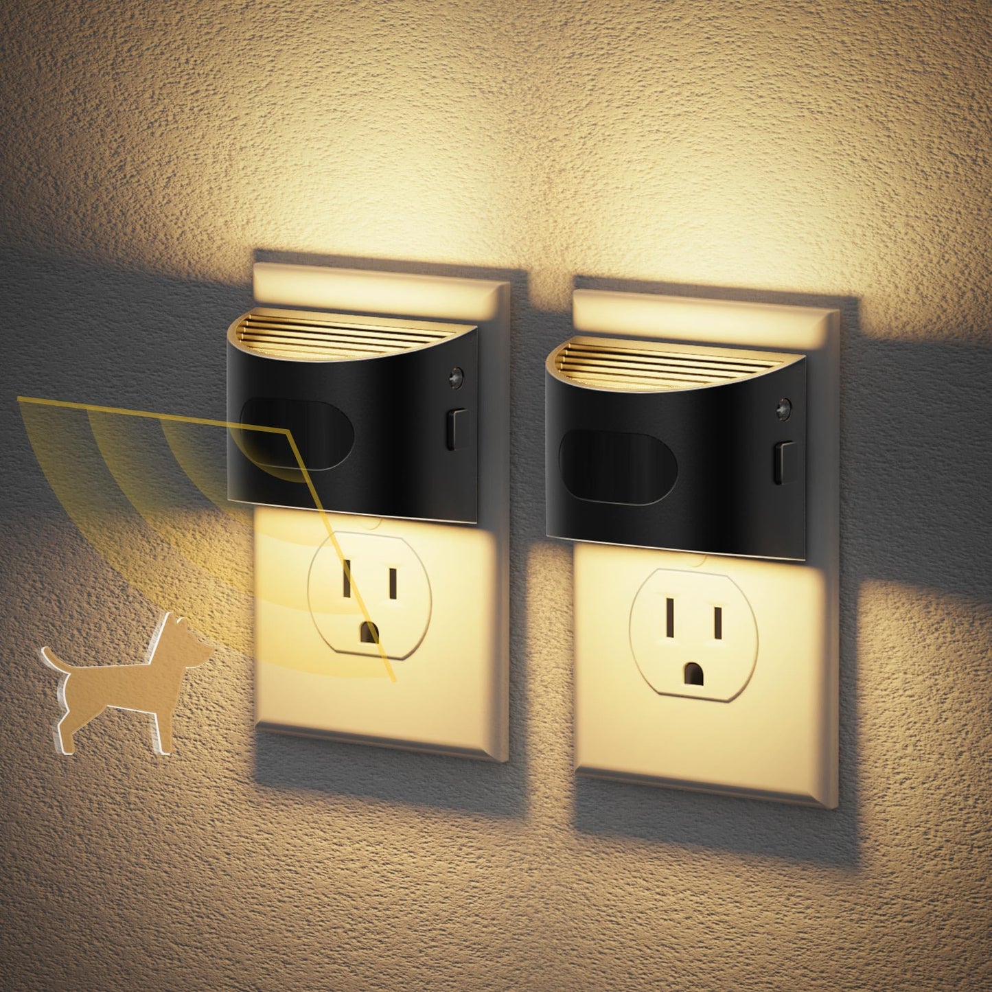JandCase Motion Sensor Night Light, Dusk to Dawn, 30/60/100lm, Warm White, 2 Pack, Black-Arc, Model C-GY17702US-2