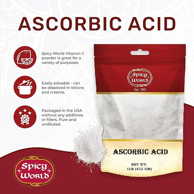 Spicy World Pure Vitamin C Powder - 100% Ascorbic Acid 1 LB - Dietary Supplement, Pure VIT C Powder USP