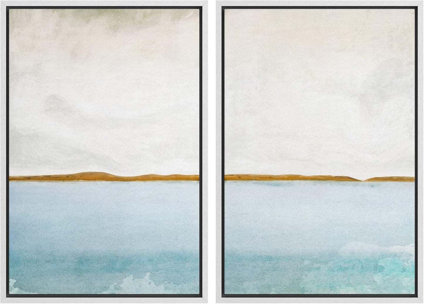 SIGNWIN Framed Canvas Print Wall Art Set Gold Blue Ocean Sea Beach Landscape Nature Wilderness Illustrations Modern Art Decorative Rustic Chic for Living Room, Bedroom, Office - 16"x24"x2 White