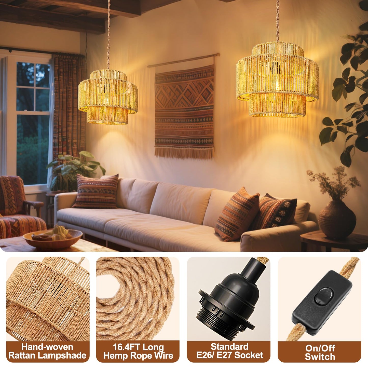 Hanging Lamps Rattan Pendant Light - 16.4Ft Plug In Cord Hanging Light Fixture Plug Into Wall Outlet Pendant Lighting With On Off Switch For Bedroom Living (Lantern Shade)