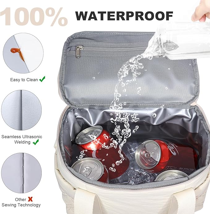 NOL Natural Organic Lifestyle Women's Nylon Lunch Cooler Cute Quilted Lunch Bag Large Leakproof Insulated Lunch Tote Bag for Work Picnic Travel,Cream