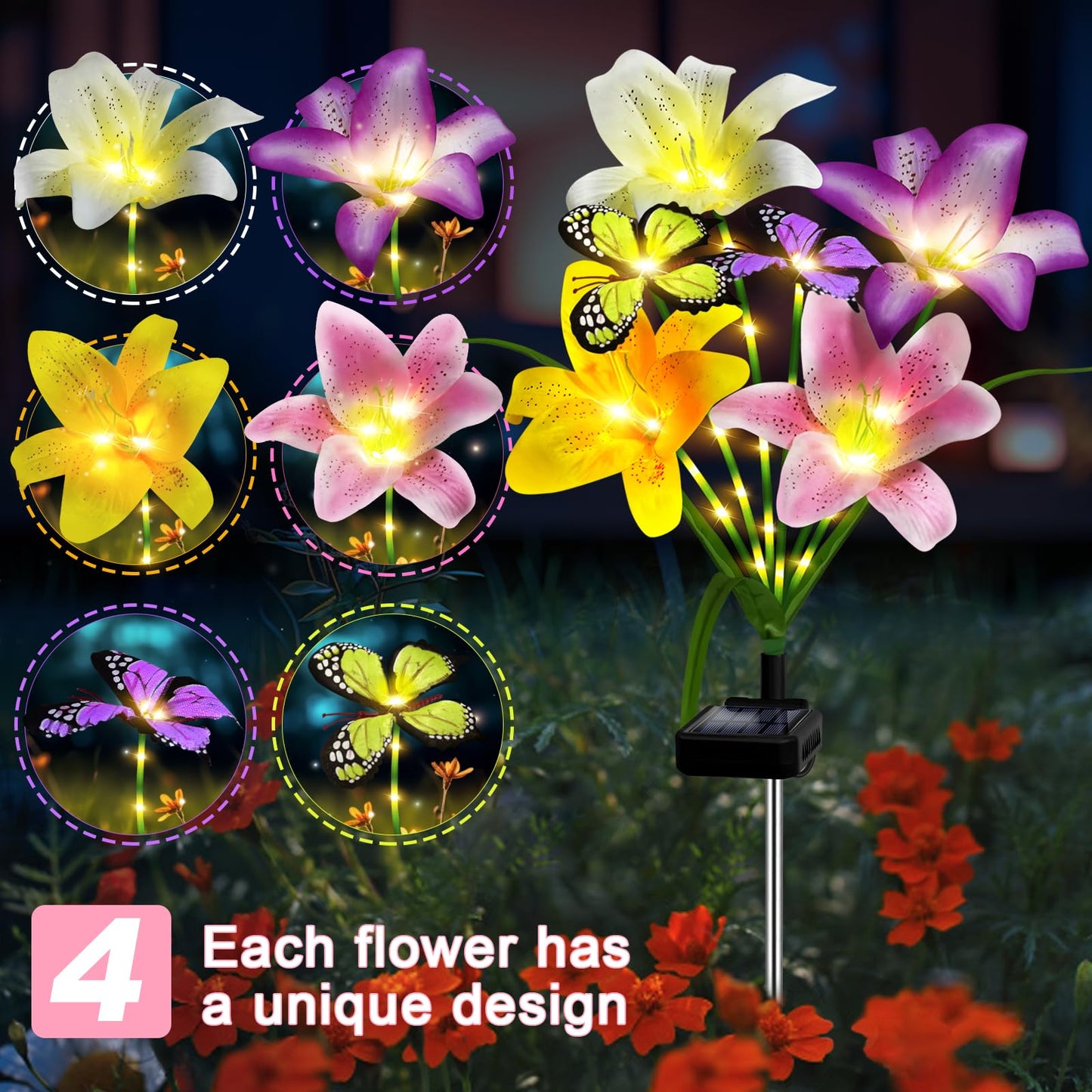ostritec Solar Garden Lights, 4 Pack Flower Lights, 16 Solar Lilies with Butterflies, Waterproof Decor, Model NewLily4pack, Color: 4 pcs Lilies