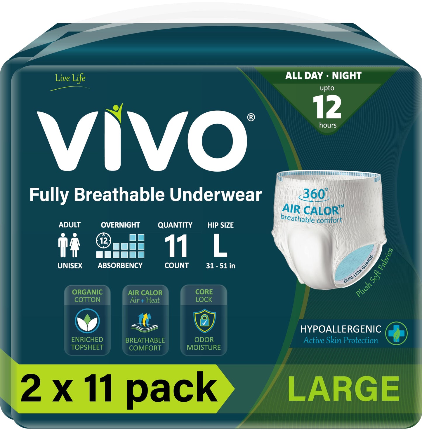 VIVO Organic Cotton Sensitive Skin Overnight Adult Incontinence Pullup Underwear, Women & Men, Large 22 Count