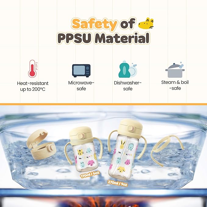 MOYUUM Leak Proof Sippy Cup with Handle | Made in Korea, 100% BPA Free PPSU, Magic No Spill Straw Cup with Attached Flip Top Lid, Easy to Hold for Babies and Toddlers, 6oz Yellow