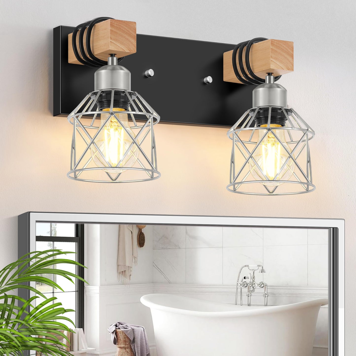 Fadimikoo Farmhouse Bathroom Light Fixtures  Rustic 2-Light Wood Vanity Lights For Bathroom  Industrial Black Silver Wall Lighting With Metal Shade For Bedroom  Living Room  Hallway