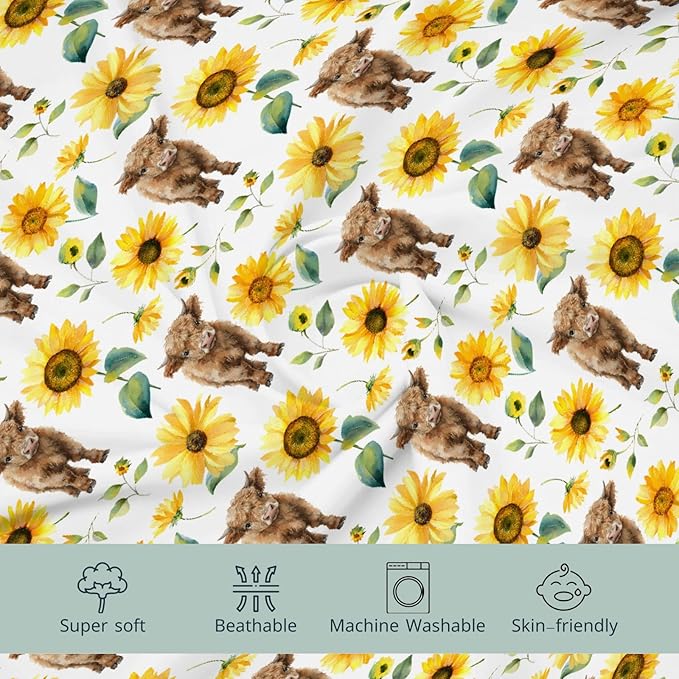 HawSkgFub Highland Cow Sunflower Changing Pad Cover for Baby Girls, Western Farm Animal Fall Flower Diaper Change Table Covers, Soft Stretchy Safe Snug Fitted Changing Mat Sheet Fit 32"/34" x 16"