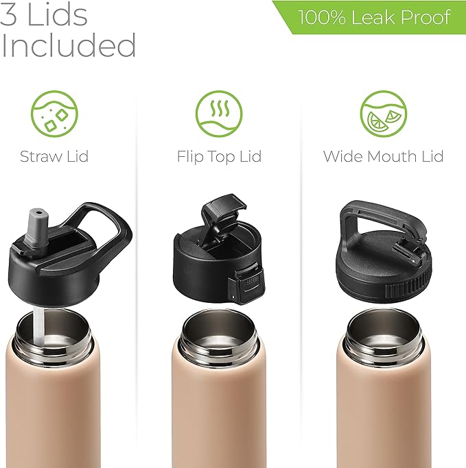 SipX™ Triple-Insulated Stainless Steel Water Bottle 25oz. With 3 Lids, BPA-Free Reusable Insulated Water Bottle Keeps Cold 24 Hours, Metal Water Bottle Made Of Sustainable Material For Hiking & Biking