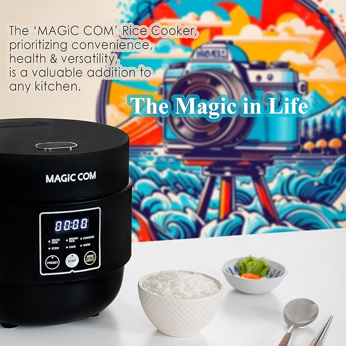 MAGiC COM Mini Rice Cooker 4 Cup Uncooked (8 Cup Cooked), Small Digital Multi-Cooker with Steamer, 24H Delay Timer, Automatic Keep Warm, Non-Stick Pot, Perfect for Dorm, Travel, Single Serve (Black)