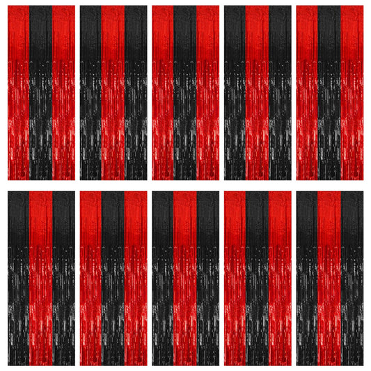 10 Pack Black and Red Party Backdrop Streamers Decorations Foil Fringe Curtains Metallic Tinsel Backdrop for Birthday Halloween