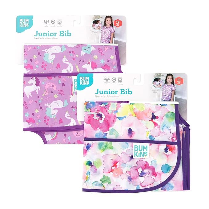 Bumkins - Junior Bib - For Boys & Girls, Toddlers & Kids 1-3 Years - Lightweight, Durable, Waterproof - Short Sleeve Bib - Catch-All Pocket - Wipeable & Machine Washable - Unicorns, 2-pack