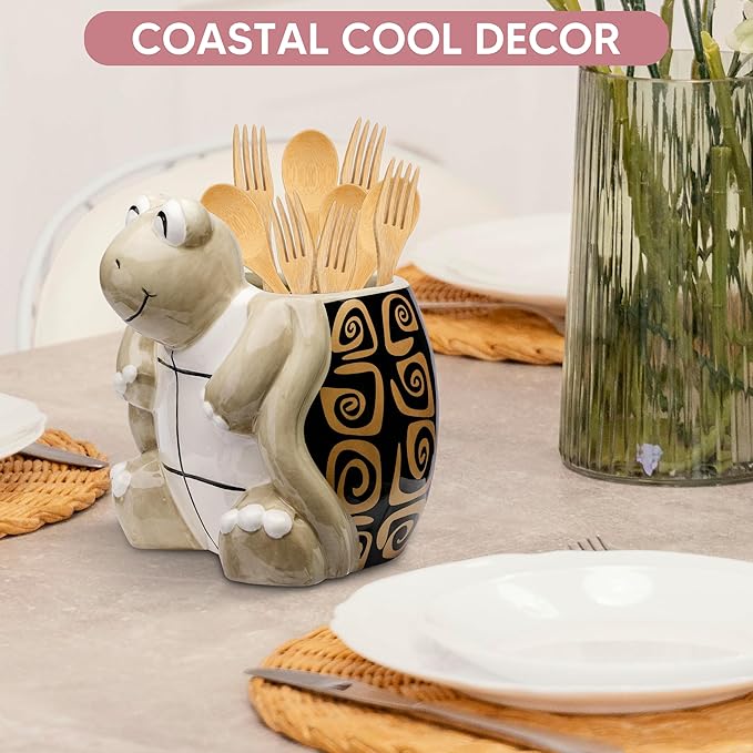 Turtle Kitchen Utensil Holder - Sea Turtle Storage Crock - Tortoise Home Decorations - Gift Decor - Office Holiday Theme Party Accessories - Lucky Gold Spirals