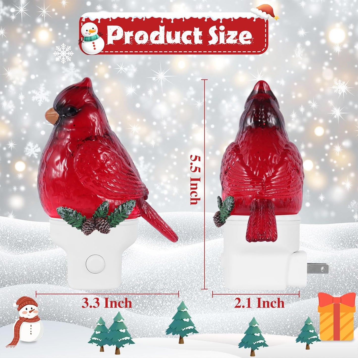 Christmas Cardinal Night Light Plug into Wall Glitter Water Nightlight with USB/Outlet Options, Christmas Decorative Nightlight for Bedroom Kitchen Nursery Hallway Holiday Decorations Gifts (Cardinal)